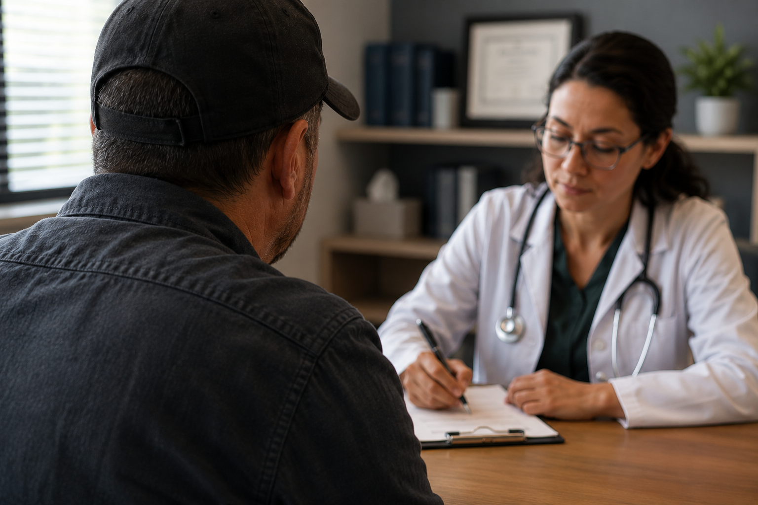 Veteran attending a VA Compensation and Pension (C&P) exam for disability claim evaluation and medical assessment.