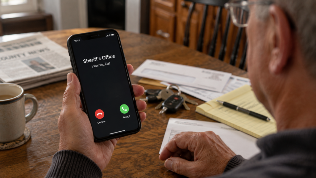 Older man receiving a suspicious phone call identified as the Sheriff’s Office, illustrating a law enforcement impersonation scam.