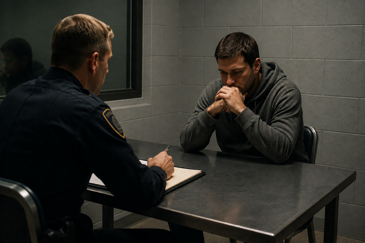 A man sits silently with clasped hands across a table from a police officer taking notes during an interview.
