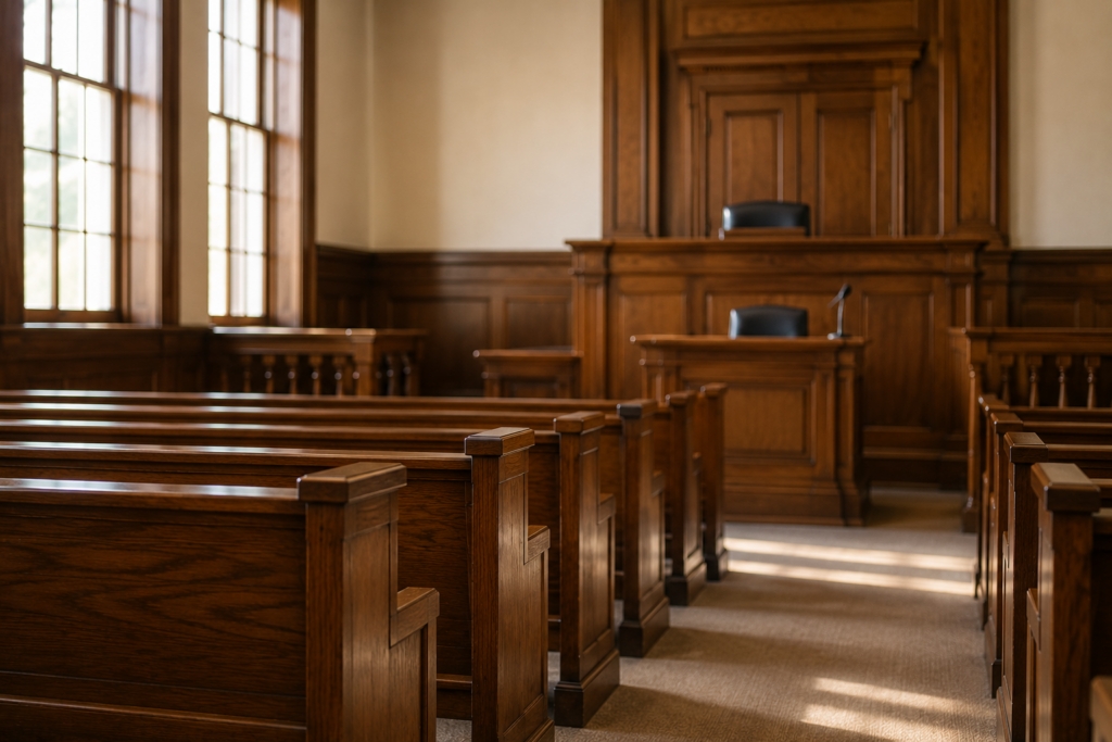 Empty courtroom representing sexual assault defense and criminal trial preparation in West Virginia