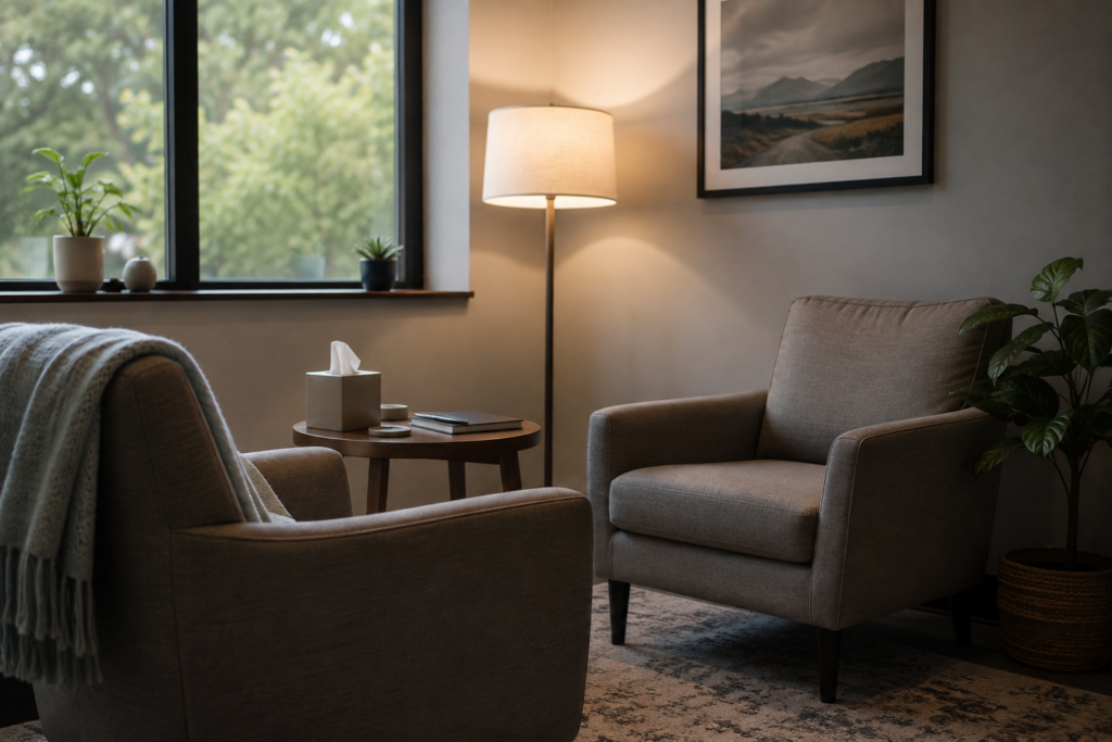 Quiet, private counseling room with two empty chairs representing a safe and confidential space for veterans.