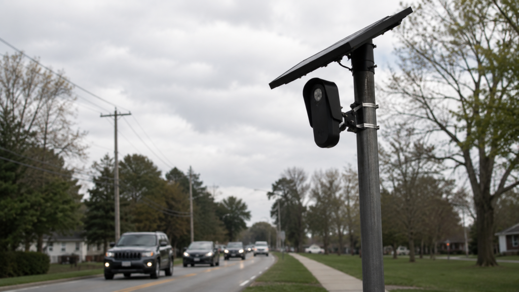 Automated license plate reader camera beside a suburban road monitoring passing vehicles.