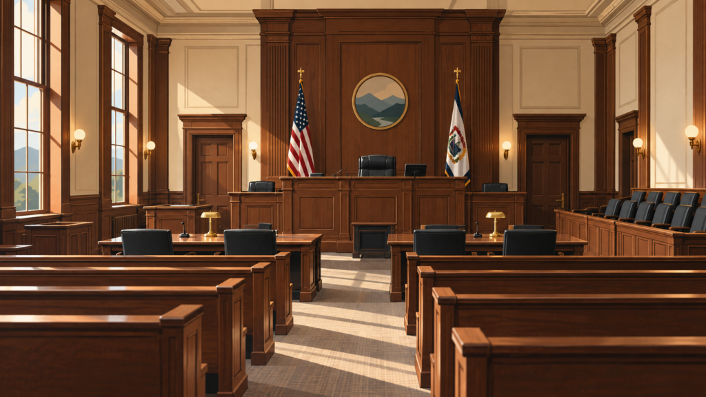 Empty West Virginia courtroom representing recidivist sentencing and habitual offender law.