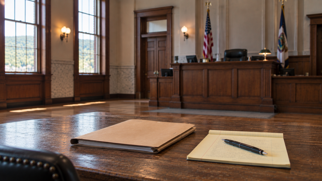 Empty West Virginia courtroom with a case folder, legal pad, and pen on the defense counsel table, facing the judge’s bench.